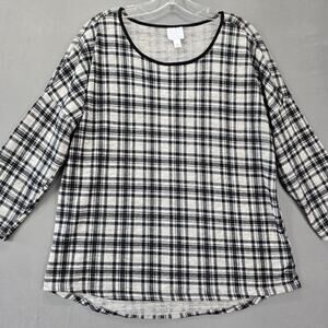 Sunday Black Gray Plaid Shirt Stretch 3/4 Sleeves Scoop Neck Casual Women Size M